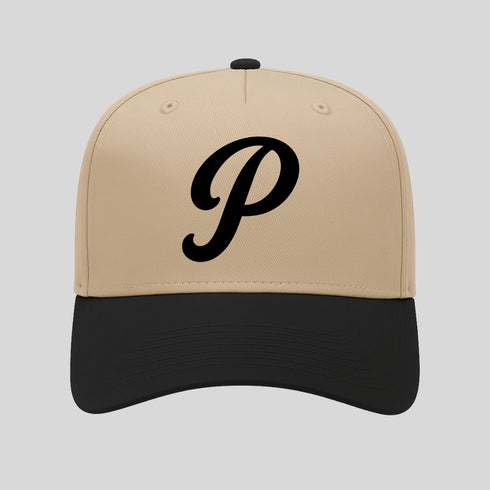 Beige and black cap with a black 'P' logo on a light gray background